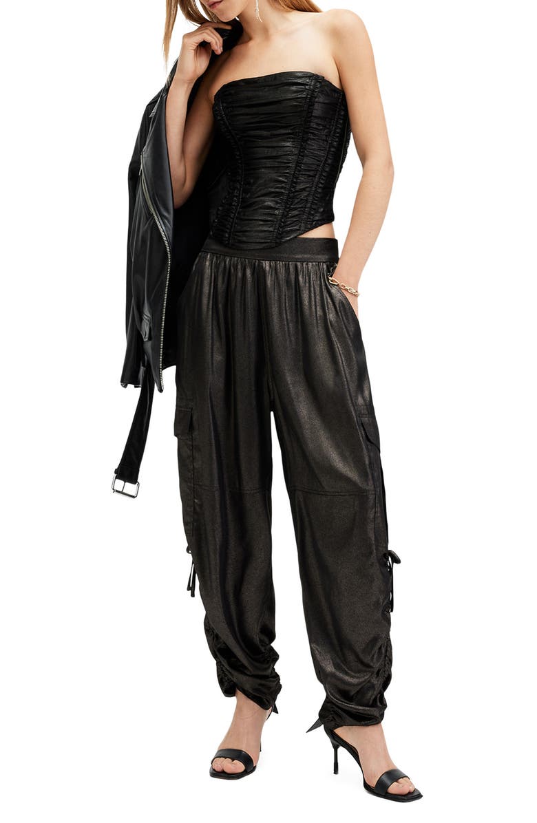 AllSaints Kaye Relaxed Fit Satin Cargo Pants, Alternate, color, Metallic Black