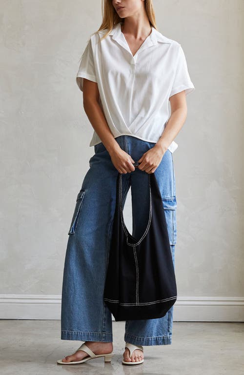 Shop Crescent Contrast Stitch Hobo Bag In Black