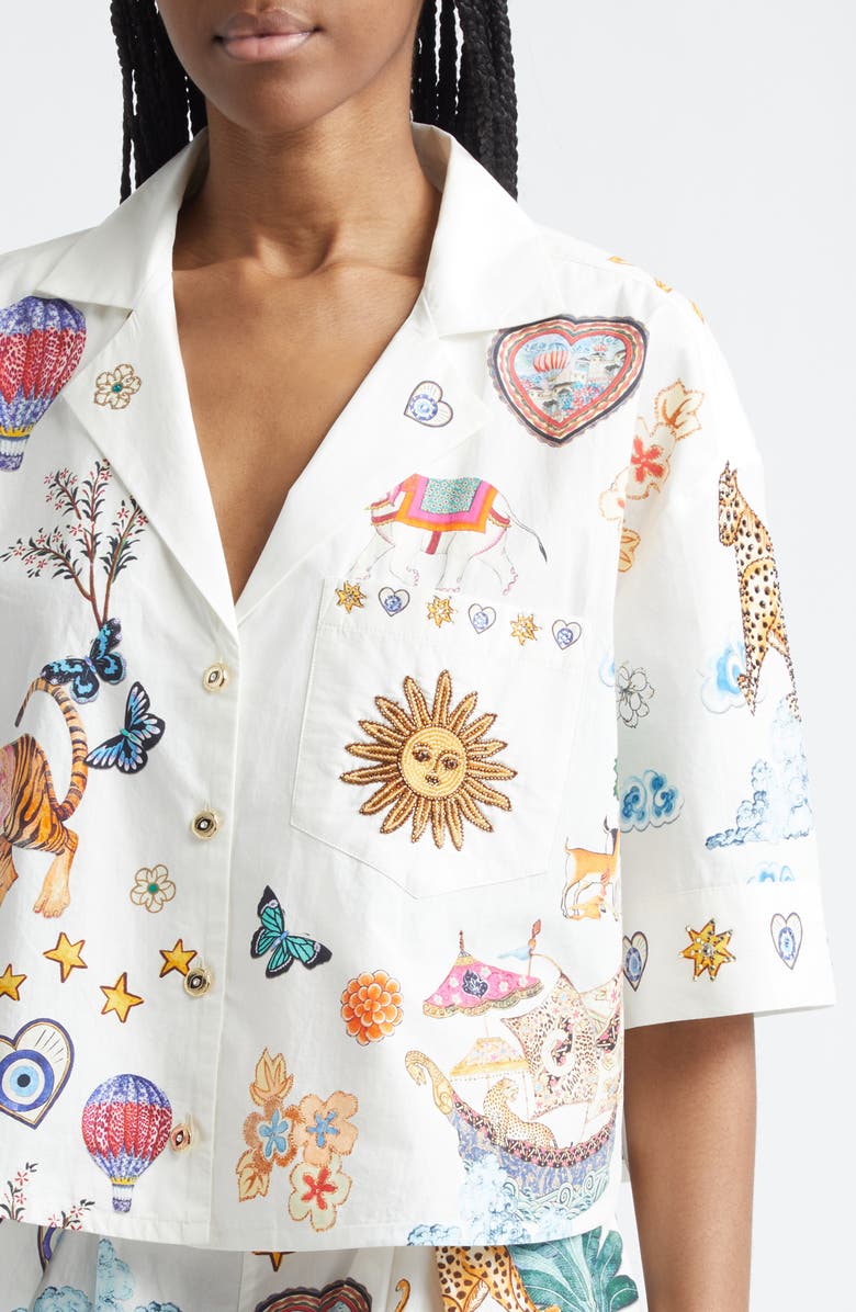 Camilla Beaded Crop Cotton Camp Shirt, Alternate, color, Kapadokya Kitsch