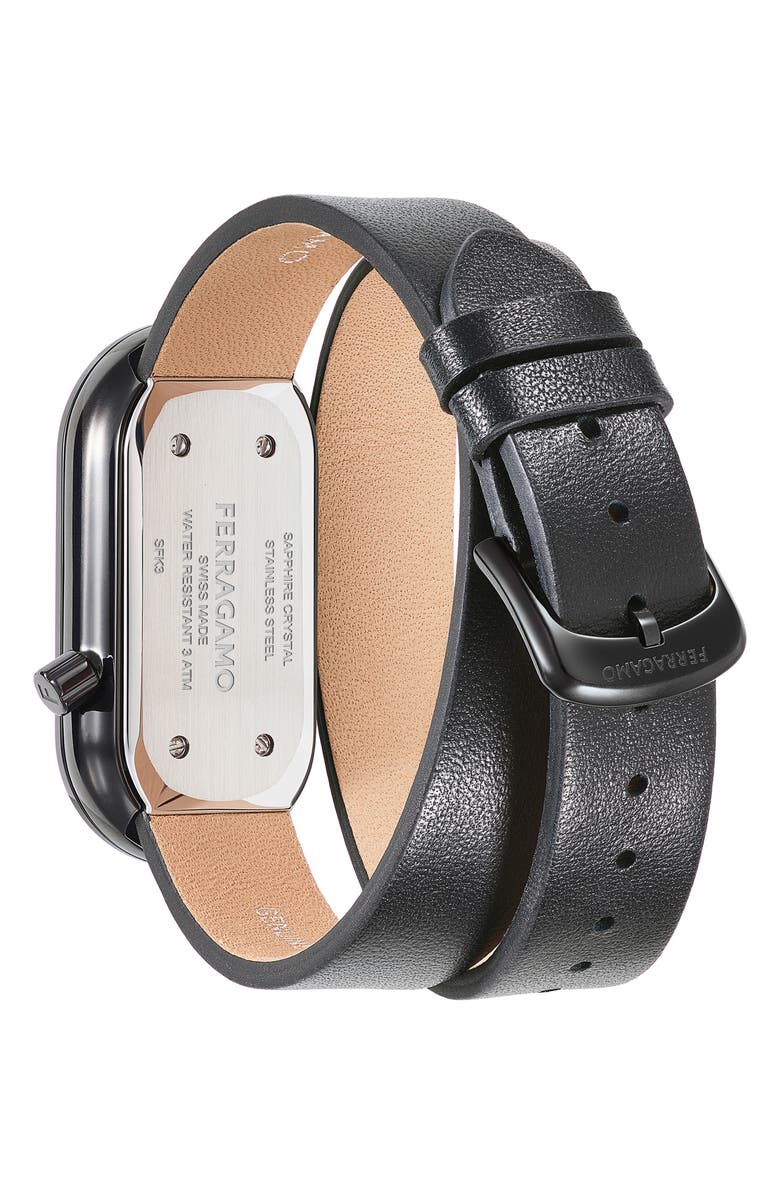 FERRAGAMO Curve Leather Strap Watch, 23mm x 46mm, Alternate, color, Ip Black
