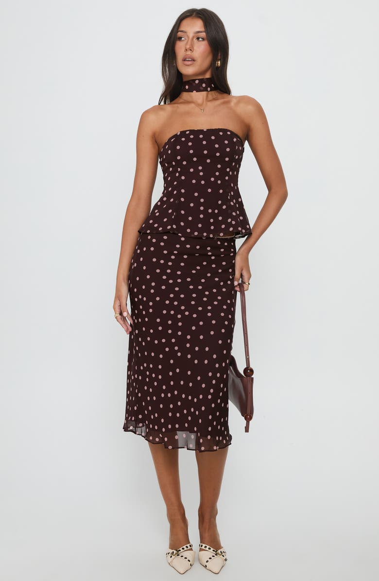 Princess Polly Sydni Scarf Detail Strapless Top, Alternate, color, Chocolate / Pink Polka