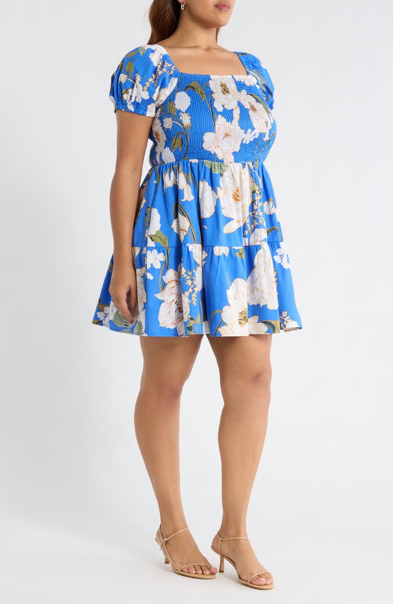 SUGARLIPS Roswell Floral Smocked Minidress, Alternate, color, Blue-Cream