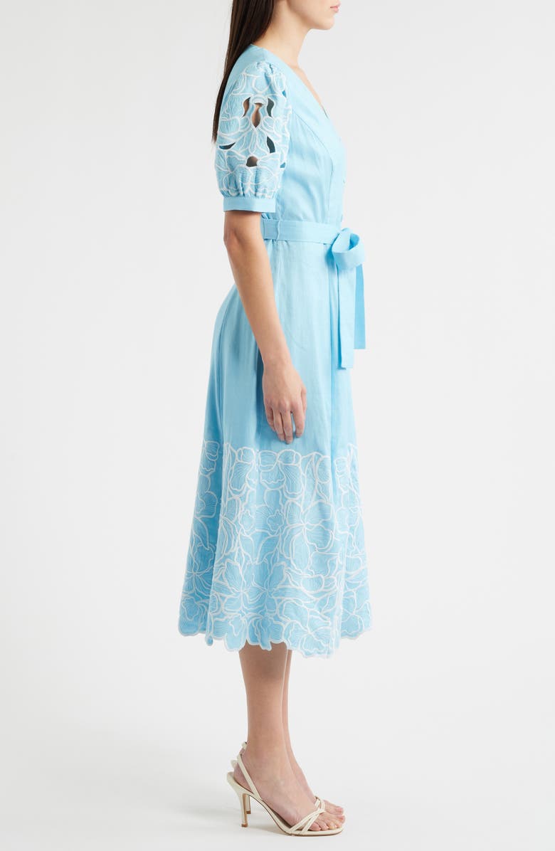 Elie Tahari The Jade Linen Blend Eyelet Midi Dress, Alternate, color, 