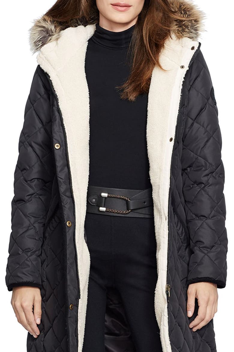 Faux Fur Trim Down & Feather Fill Parka, Main, color, BLACK