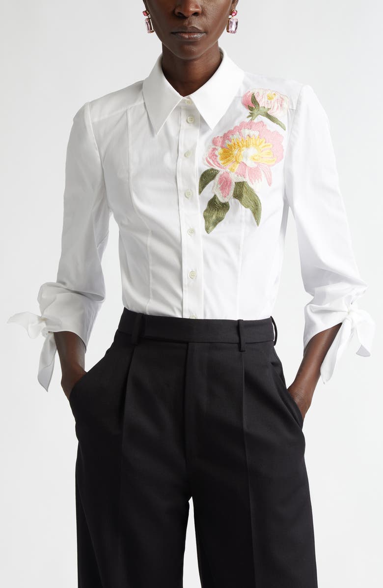 Carolina Herrera Floral Embroidered Tie Cuff Stretch Cotton Button-Up Shirt, Main, color, 