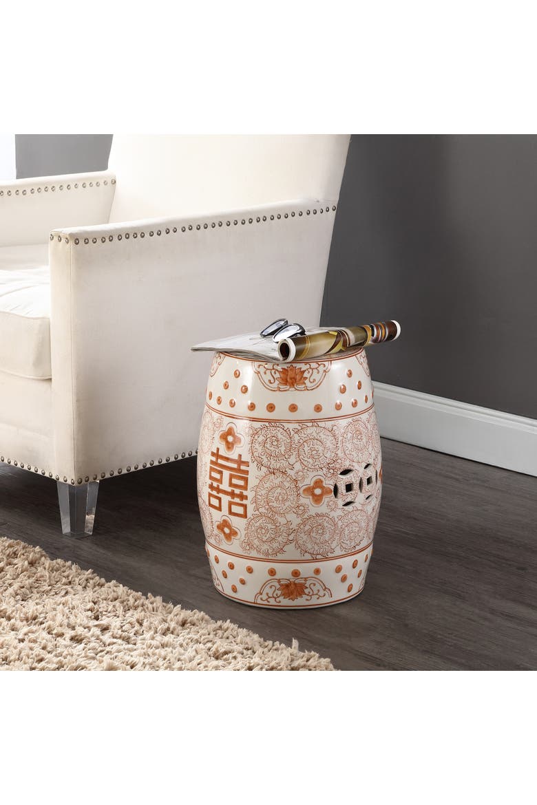 Double Happiness Traditional Ceramic Garden Stool, Indoor/Outdoor Chinoiserie Double Happiness Patio Drum Accent Side Table, Alternate, color, Orange/White