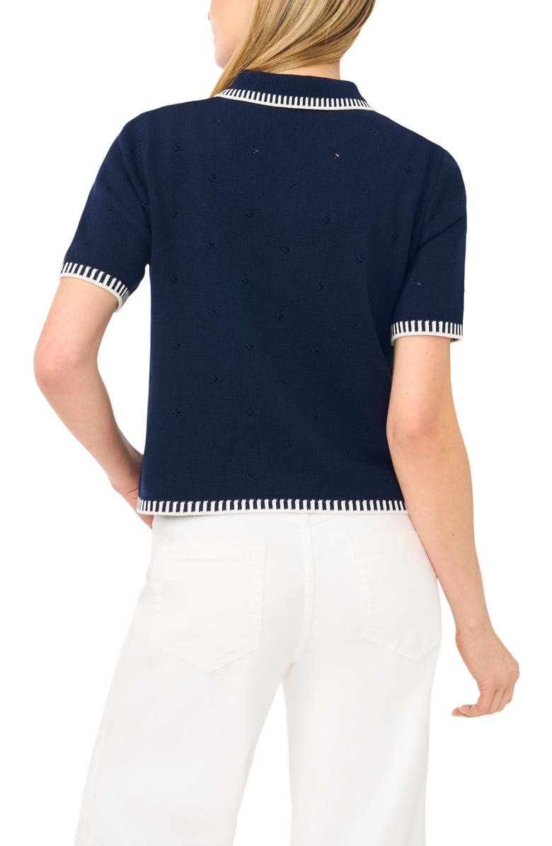 CeCe Pointelle Button-Up Cotton Top, Alternate, color, Classic Navy