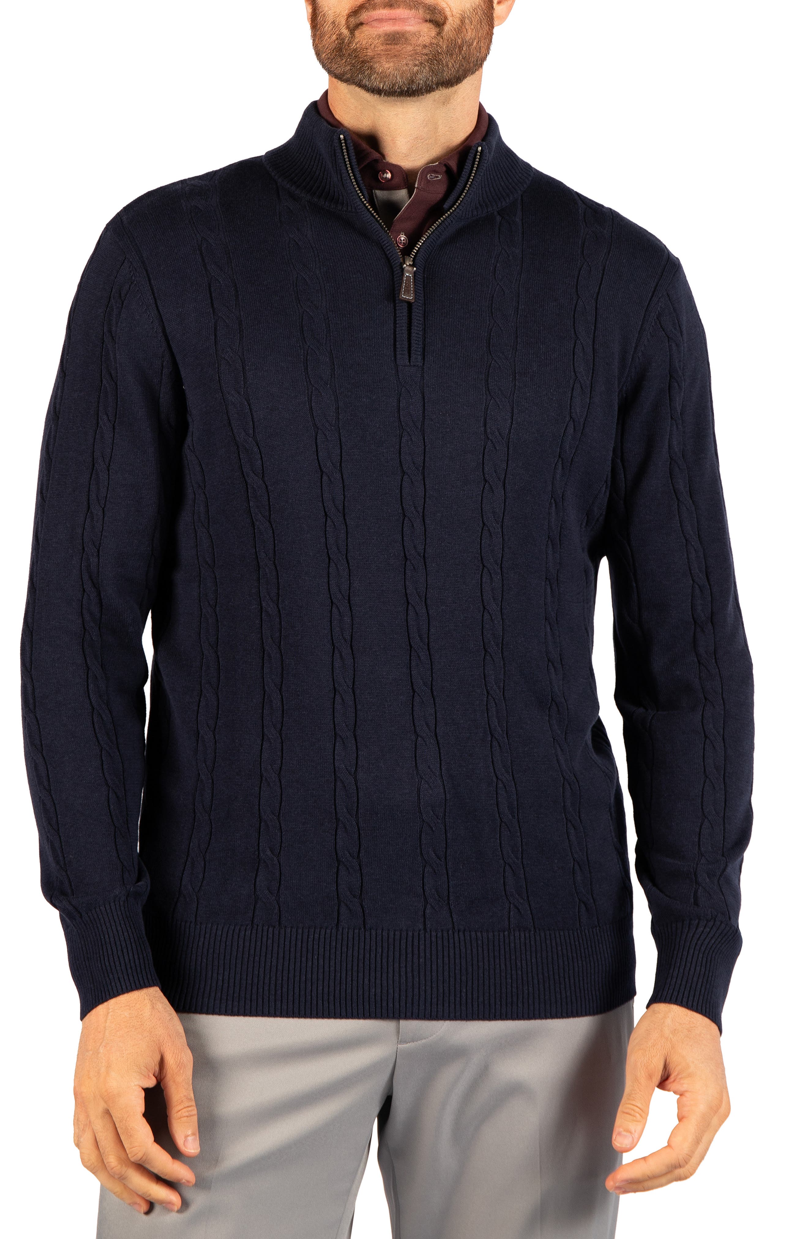 Tailorbyrd Cable Knit Quarter Zip Sweater In Navy