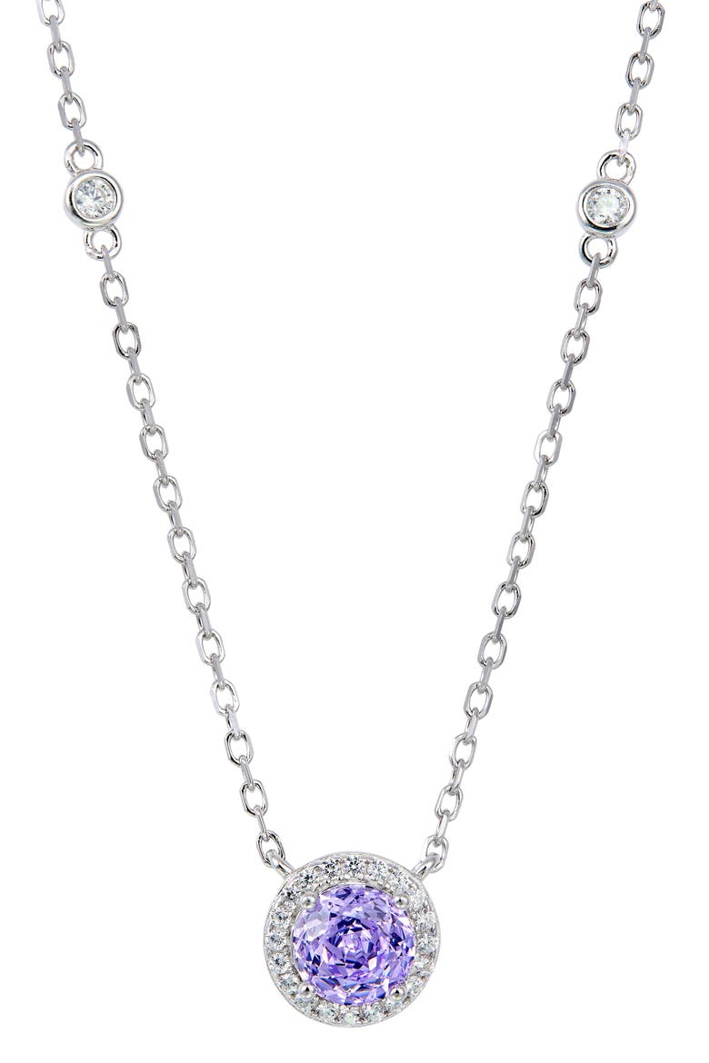 Floral Faceted Cubic Zironia Halo Pendant Necklace, Main, color, LAVENDER