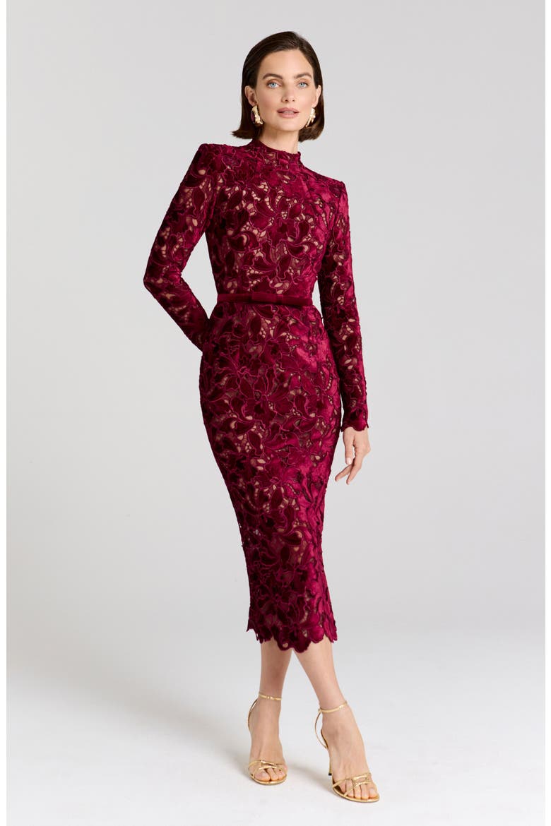 Diane Long Sleeve Lace Sheath Cocktail Dress, Alternate, color, BURGUNDY