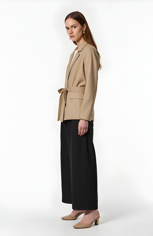 Modenaire Tailored Belted Blazer With Notch Lapels And Flap Pockets In Neutral