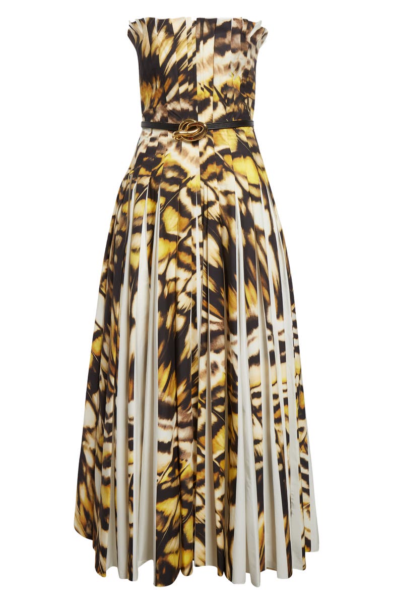 Oscar de la Renta Butterfly Print Pleated Strapless Stretch Poplin Fit & Flare Dress, Alternate, color, Black Multi