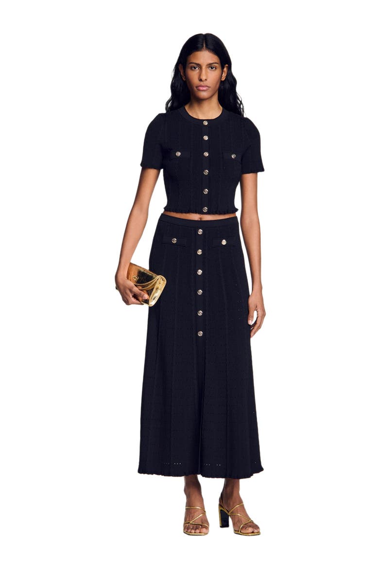 Cropped pointelle knit cardigan, Alternate, color, Black