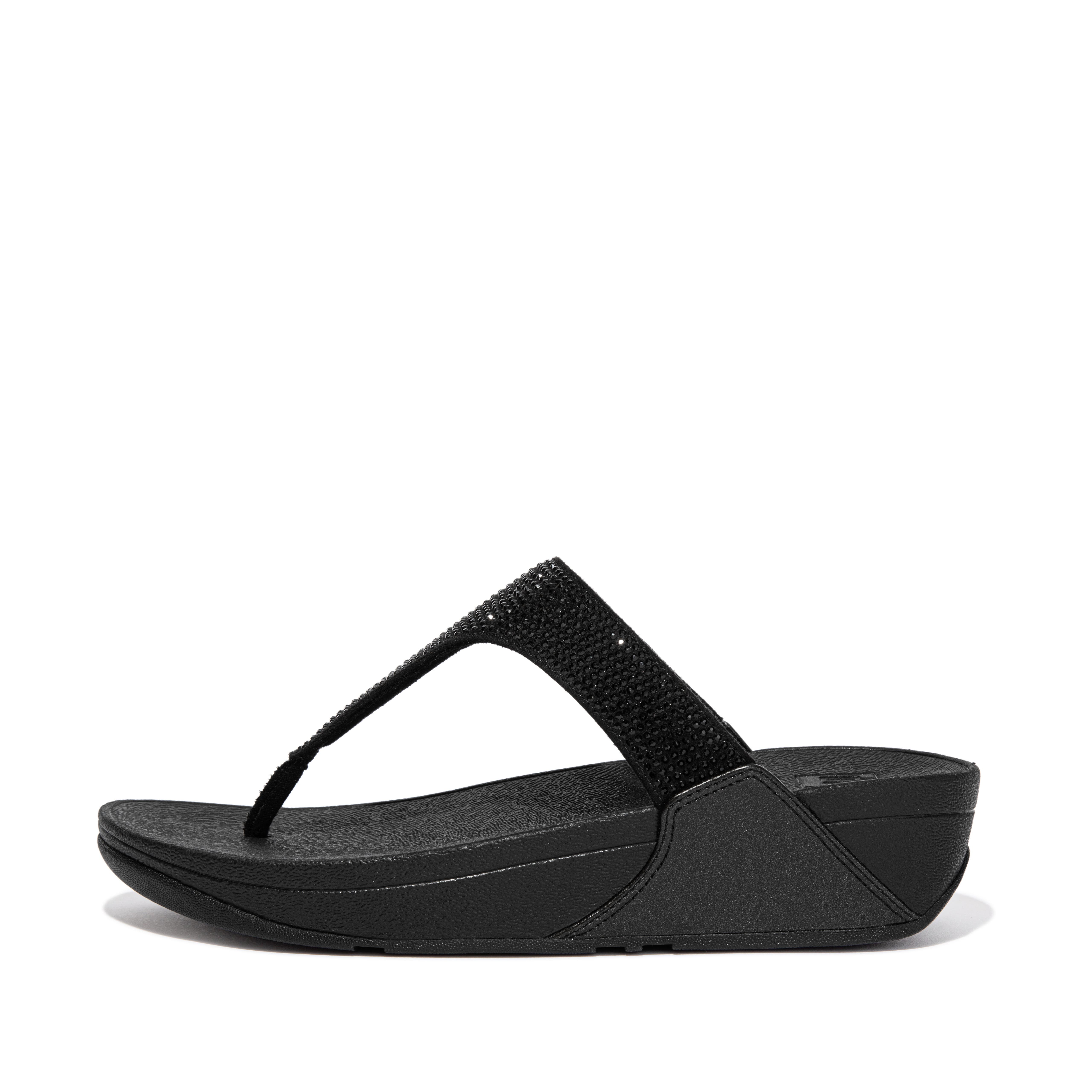 FitFlop Lulu Crystal embellished toe-post sandals, Alternate, color, All Black