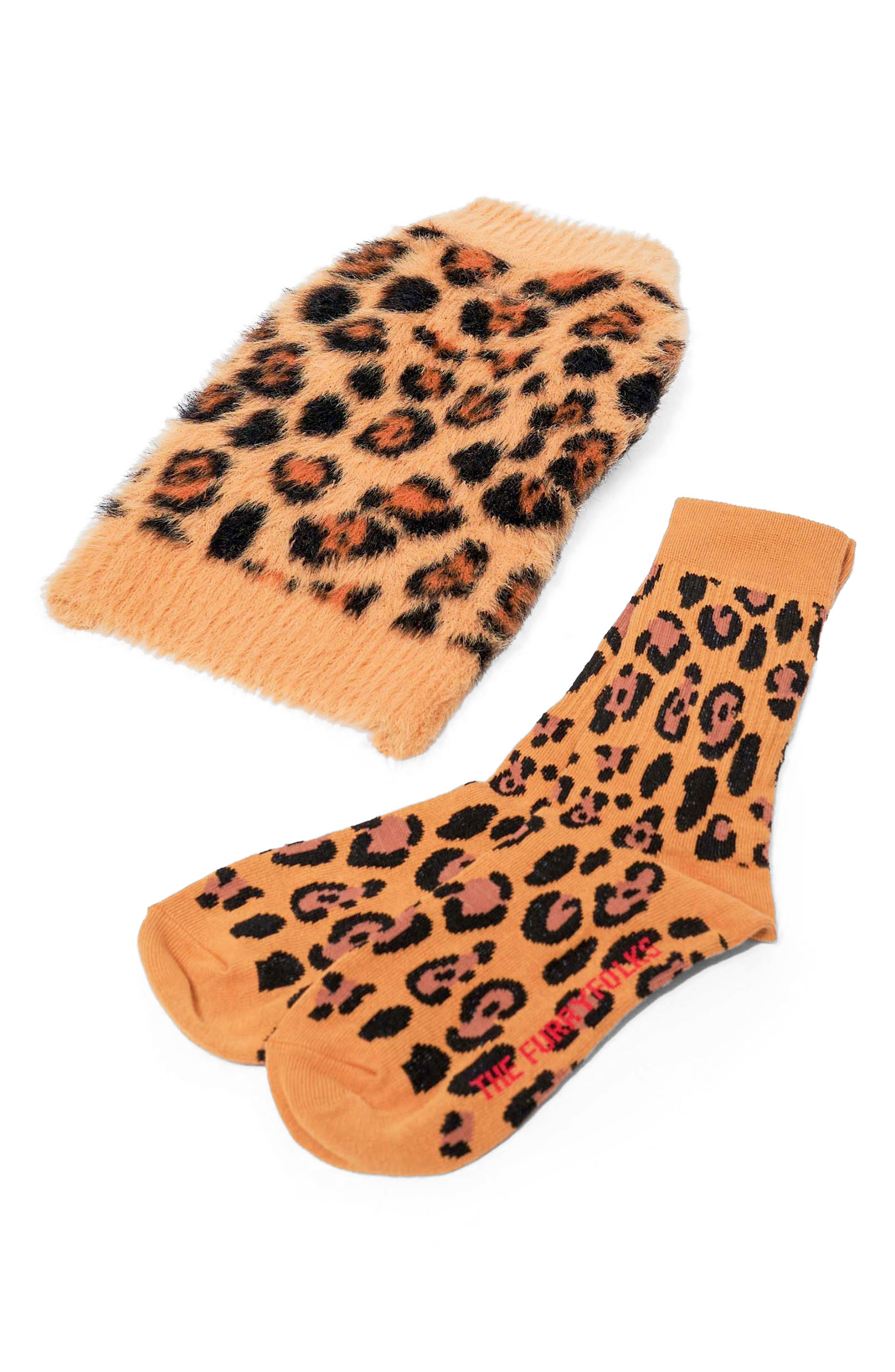the furryfolks Leopard Pet Sweater & Crew Socks Set in Brown 