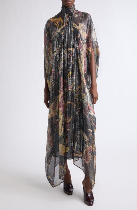 Metallic Stripe Print Silk Chiffon Dress
