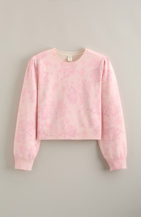 Kids' Puff Sleeve Intarsia Knit Sweater