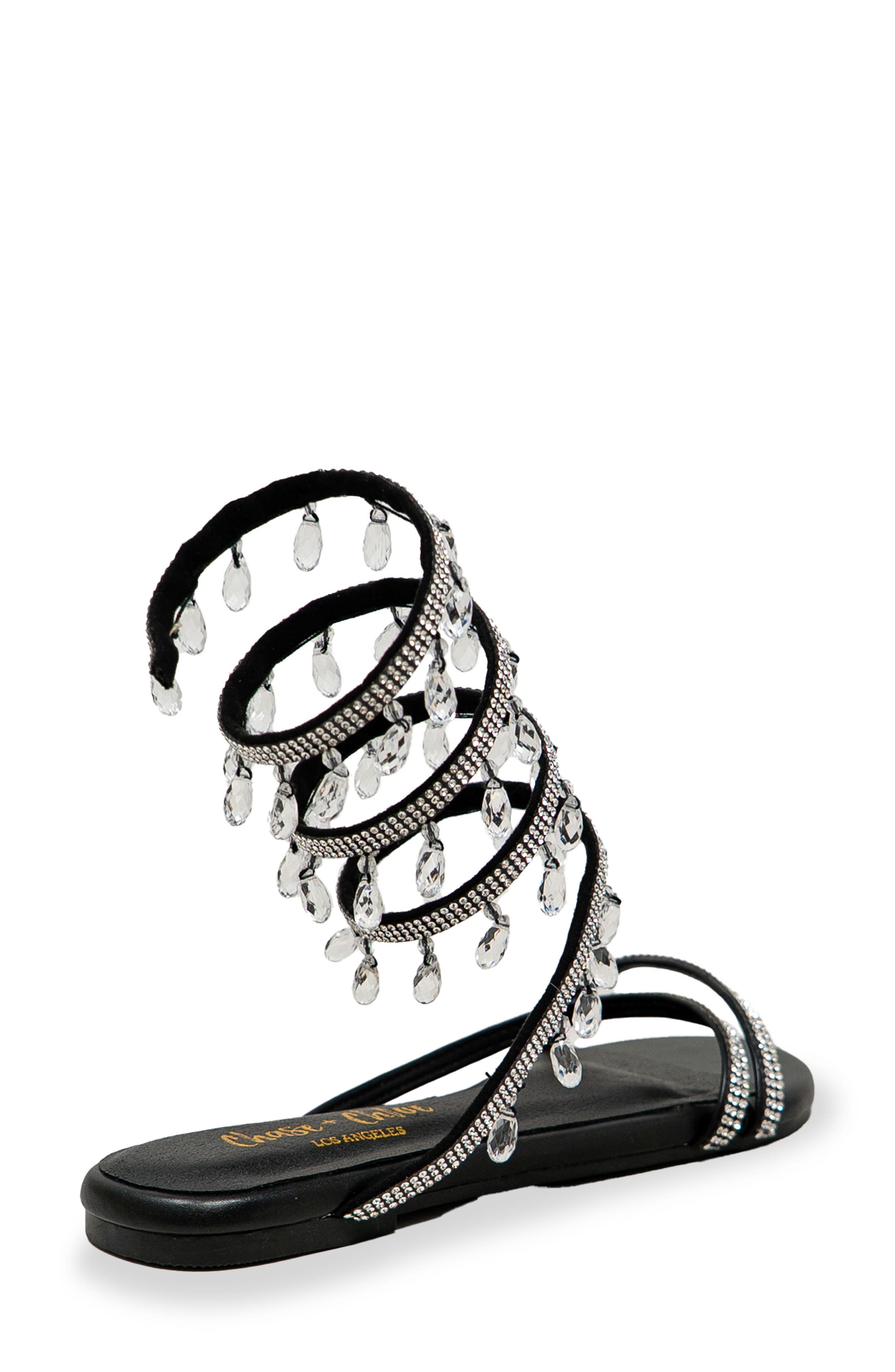 CHASE AND CHLOE Irma Rhinestone Coil Ankle Wrap Sandal, Alternate, color, Black Pu