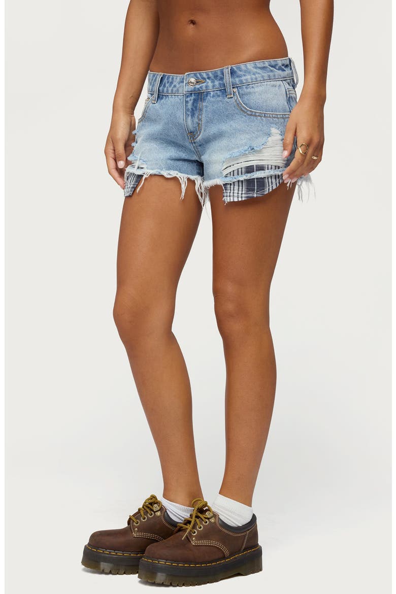 Catrine Low Rise Plaid Pocket Denim Cutoff Shorts, Alternate, color, BLUE-WASHED