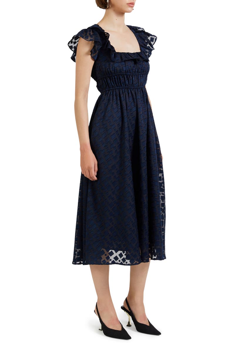 Bowie Ruffle Burnout Organza Midi Dress, Alternate, color, NAVY