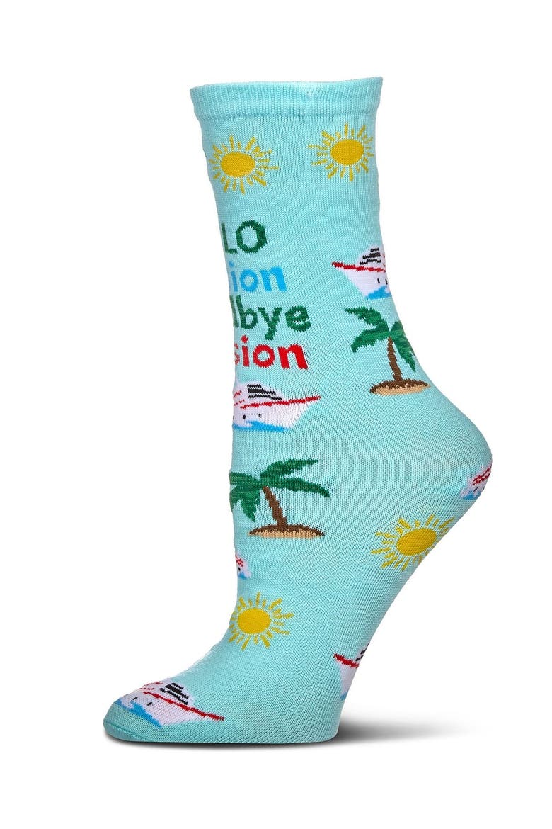Big Kid's Goodbye Tension Hello Pension Greeting Card Crew Socks, Main, color, Aqua Splash