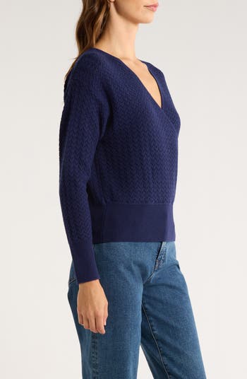 Surplice V-Neck Cotton Blend Pointelle Sweater