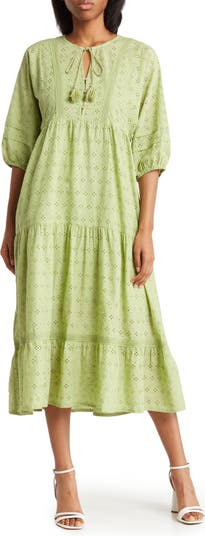 DALIA MACPHEE Three-quarter Sleeve Eyelet Maxi Dress With Exaggerated Belt