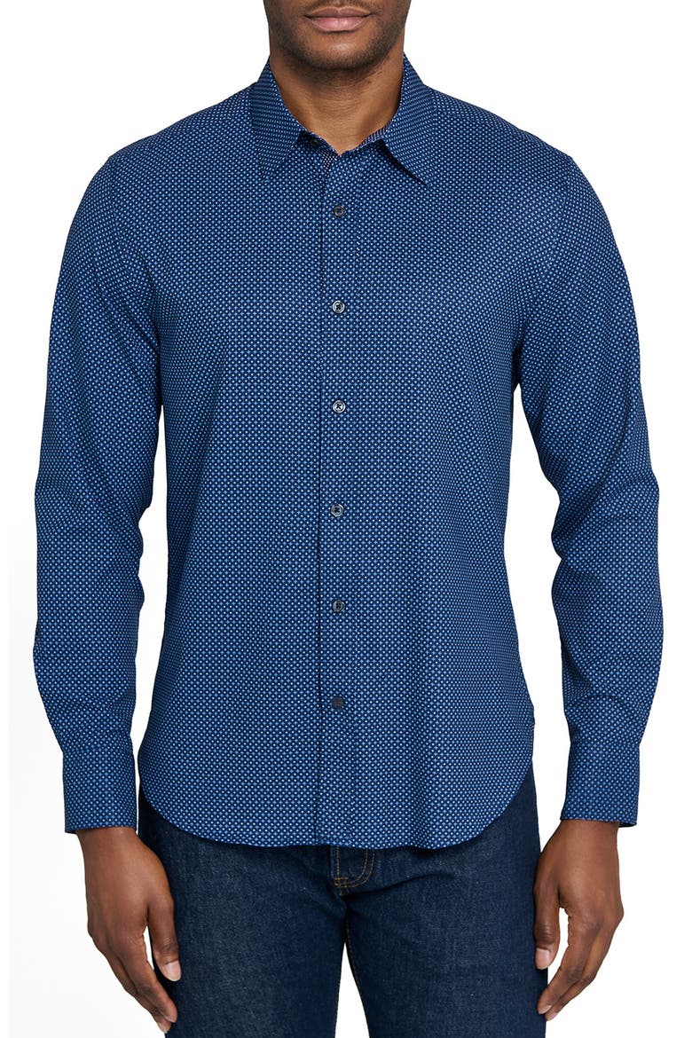 Slim Fit Micro Geometric 4-Way Stretch Performance Button-Up Shirt, Main, color, LIGHT BLUE/ NAVY