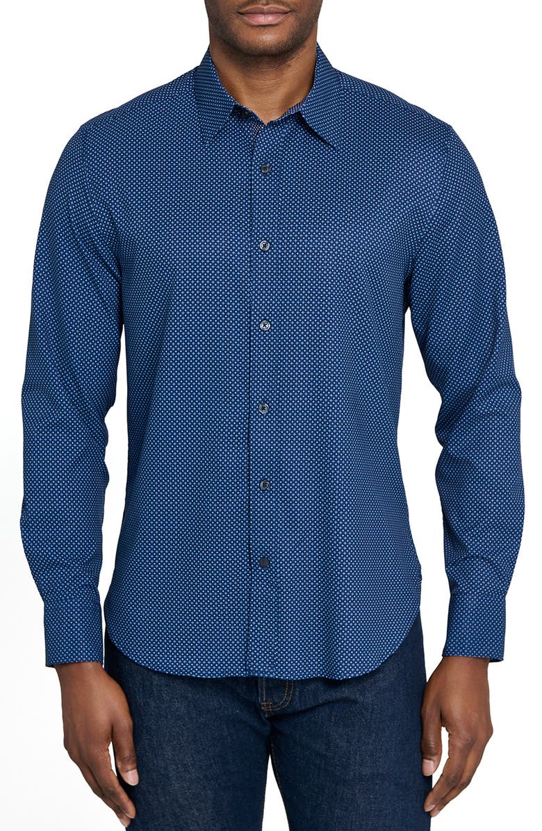 CONSTRUCT Slim Fit Micro Geometric 4-Way Stretch Performance Button-Up Shirt, Main, color, Light Blue/ Navy