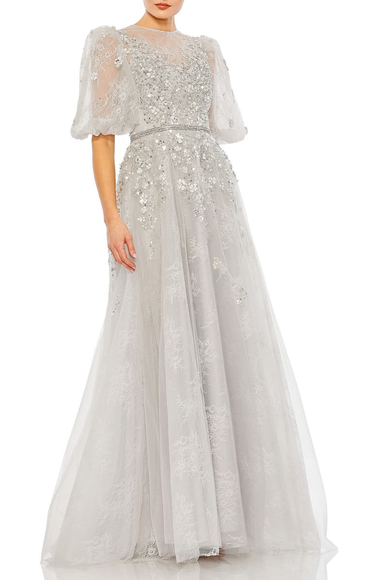 Mac Duggal Embellished Puff Sleeve A Line Gown, Main, color, Platinum