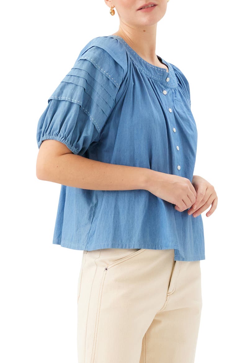 Shay Contrast Stitch Puff Sleeve Chambray Button-Up Shirt, Alternate, color, CHAMBRAY