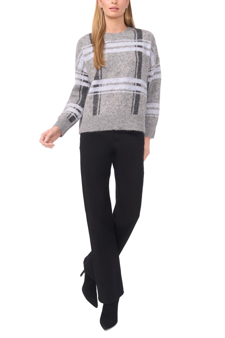 Plaid Jacquard Crewneck Sweater, Alternate, color, GREY SEAL HEATHER