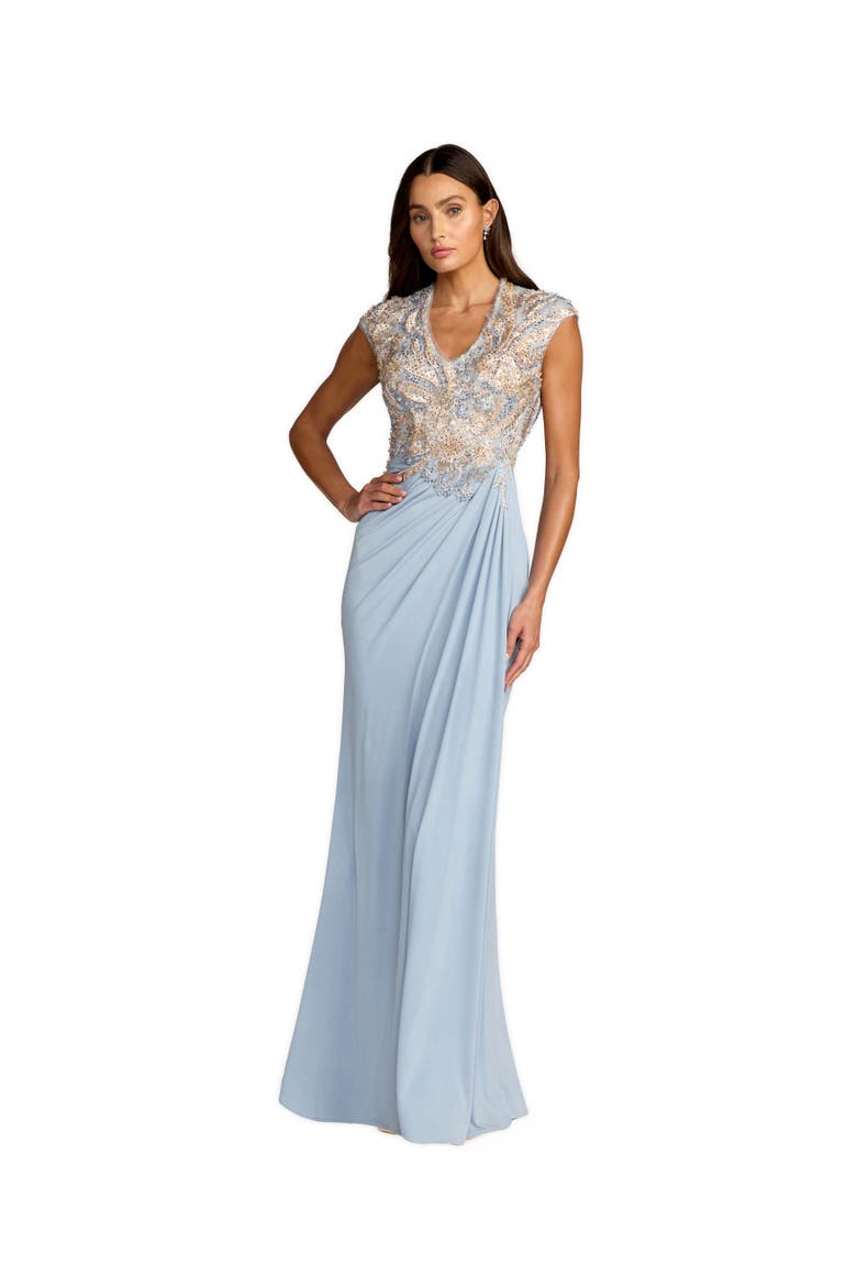 Jersey Beaded Embroidered V Neck Cap Sleeve Gown, Main, color, French Blue