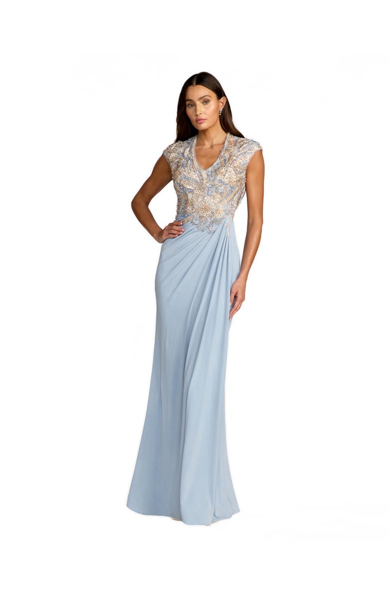 Mac Duggal Jersey Beaded Embroidered V Neck Cap Sleeve Gown, Main, color, French Blue