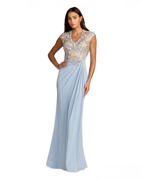 Jersey Beaded Embroidered V Neck Cap Sleeve Gown