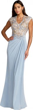 Mac Duggal Jersey Beaded Embroidered V Neck Cap Sleeve Gown