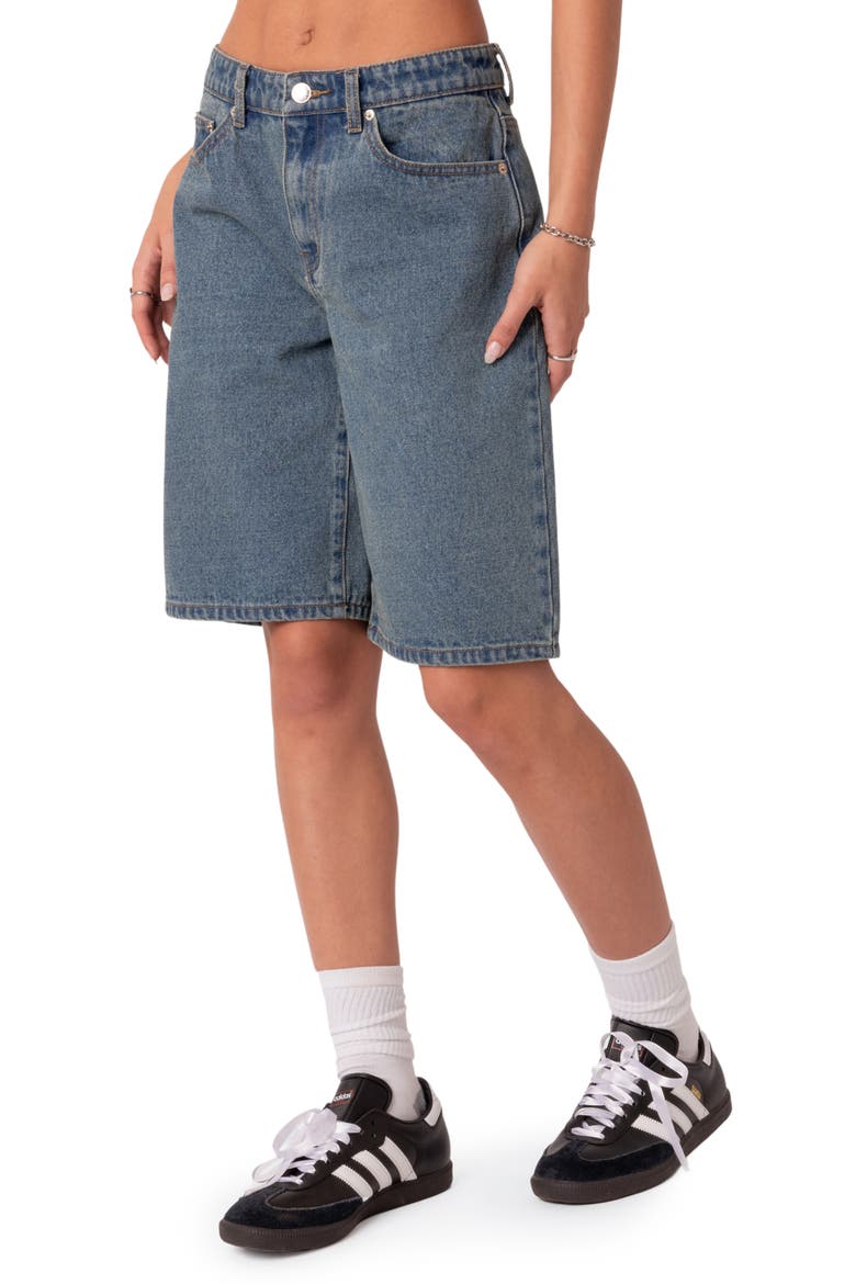 Oversize Low Rise Denim Bermuda Shorts, Alternate, color, BLUE-WASHED
