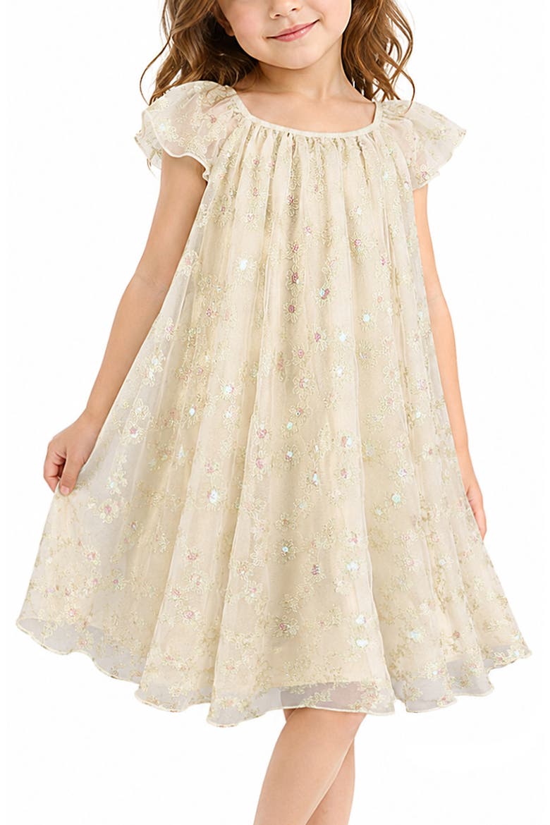 Kids' Sequin Embroidered Flutter Sleeve Dress, Alternate, color, GOLD