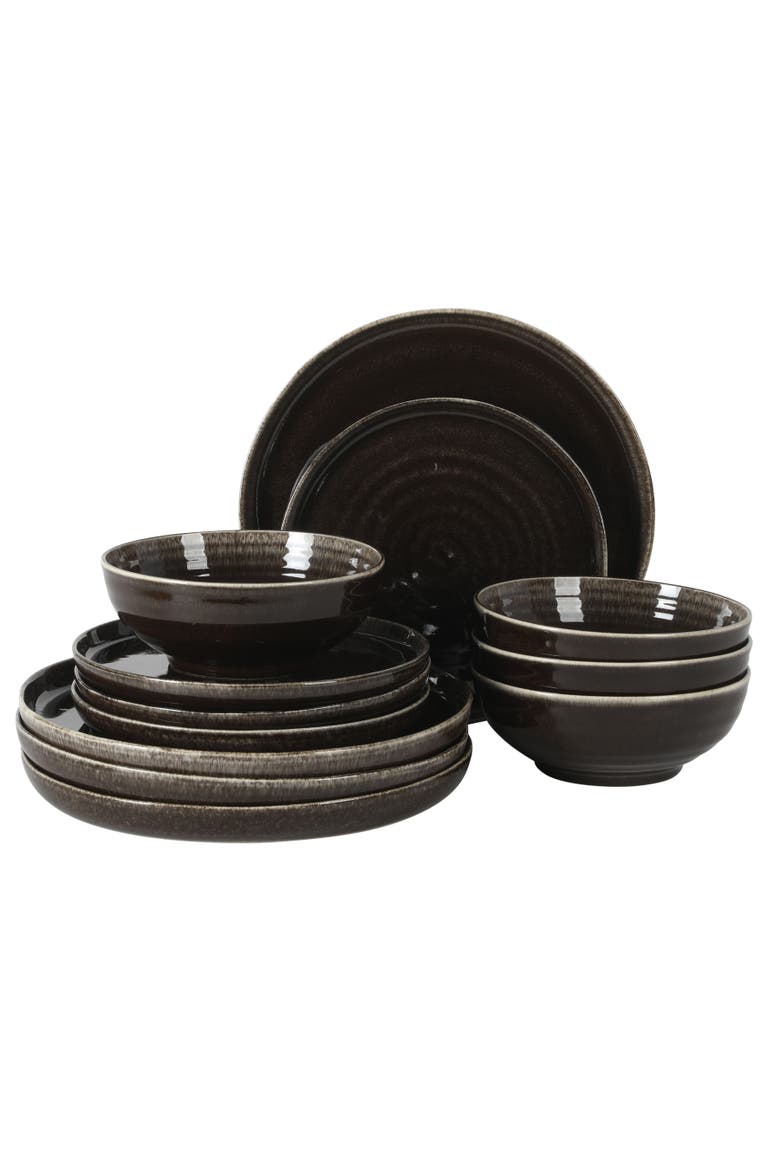 Eclipse Swirls 12-Piece Reactive Glaze Stoneware Dinnerware Set, Main, color, Brown