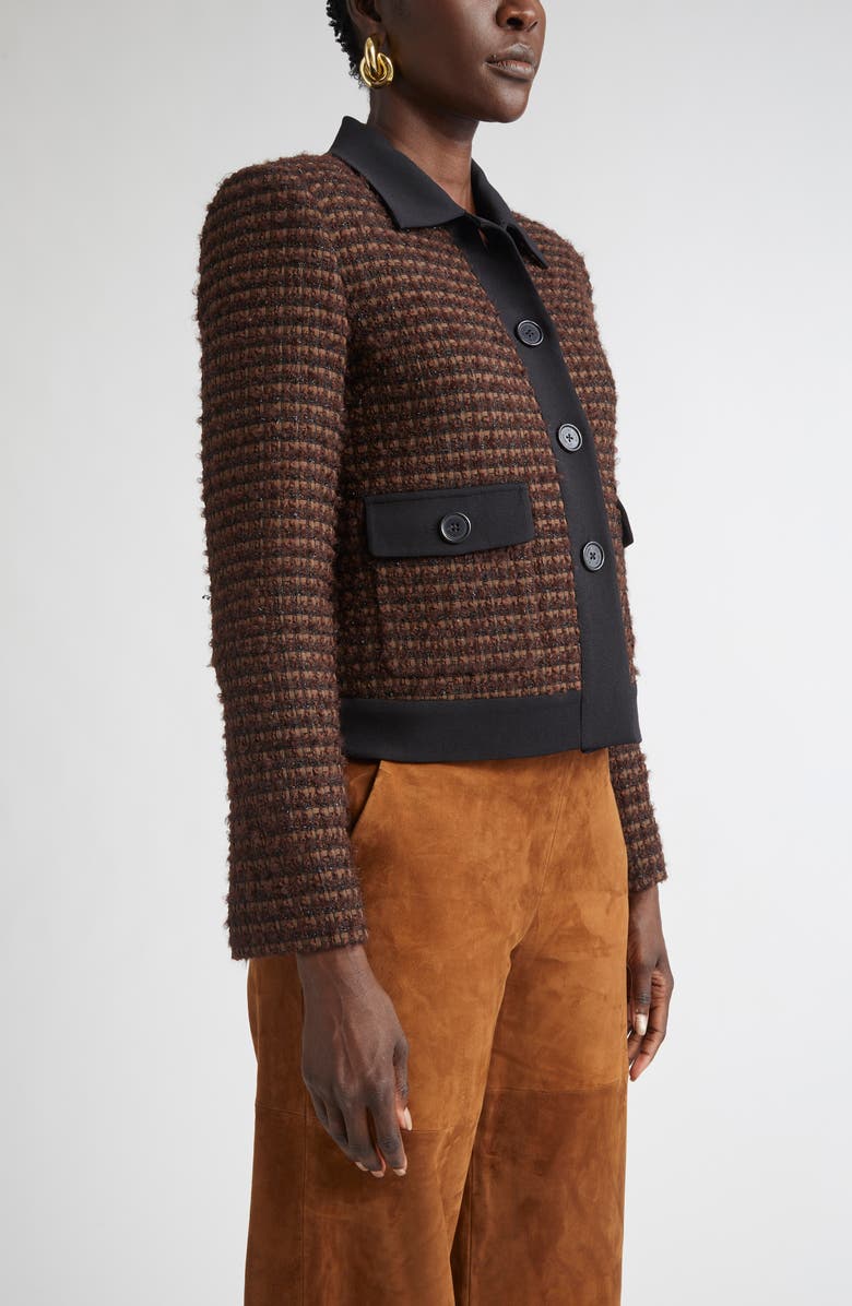 ST. JOHN Crepe Cady Trim Tweed Jacket, Alternate, color, Mocha/ Black