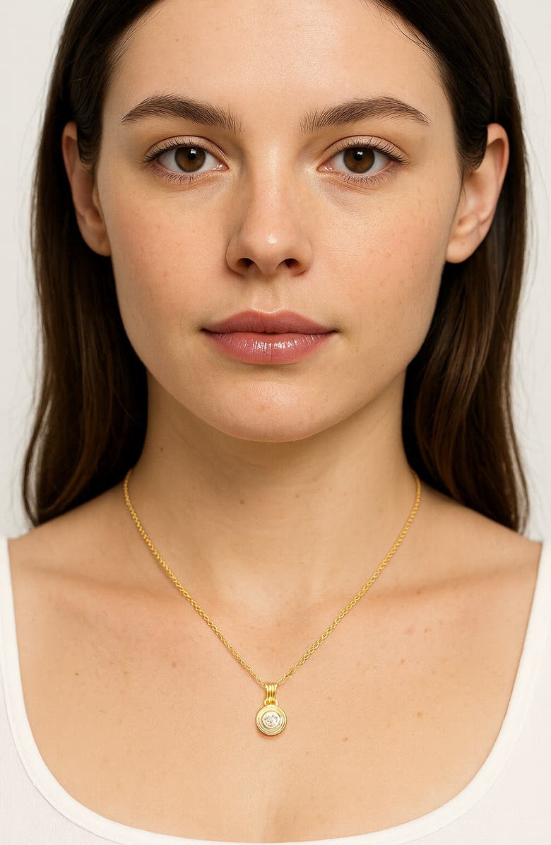 GABI RIELLE Bezel Round Cubic Zirconia Solitaire Pendant Necklace, Alternate, color, Gold