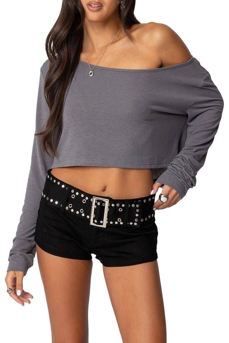 One-Shoulder Long Sleeve Crop Top, Main, color, GRAY