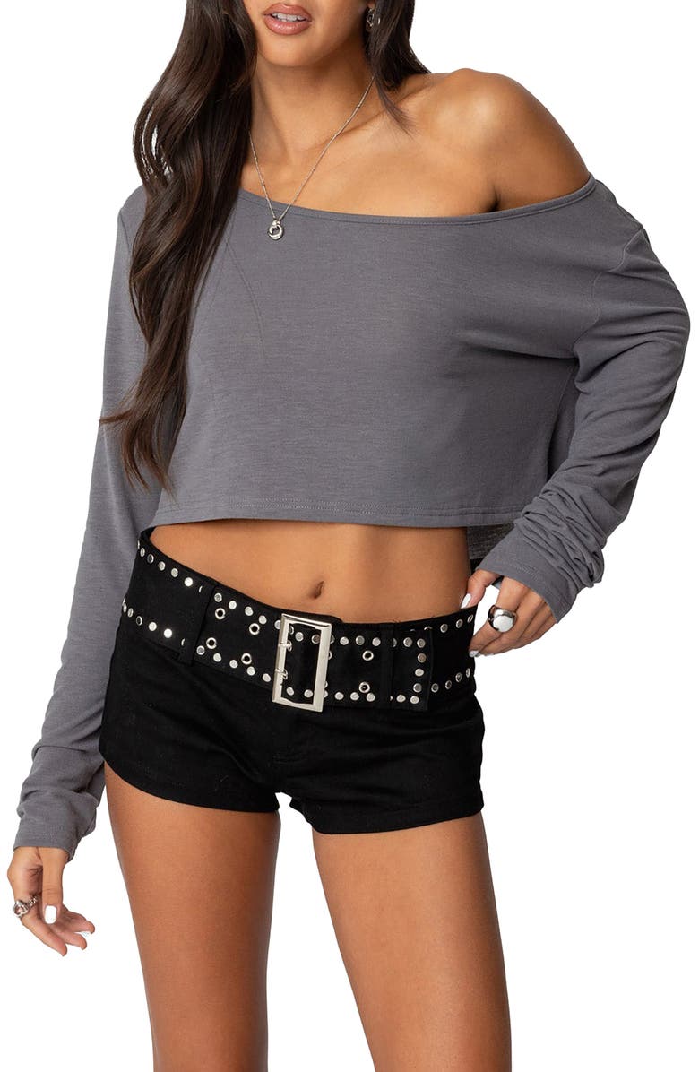 EDIKTED One-Shoulder Long Sleeve Crop Top, Main, color, Gray