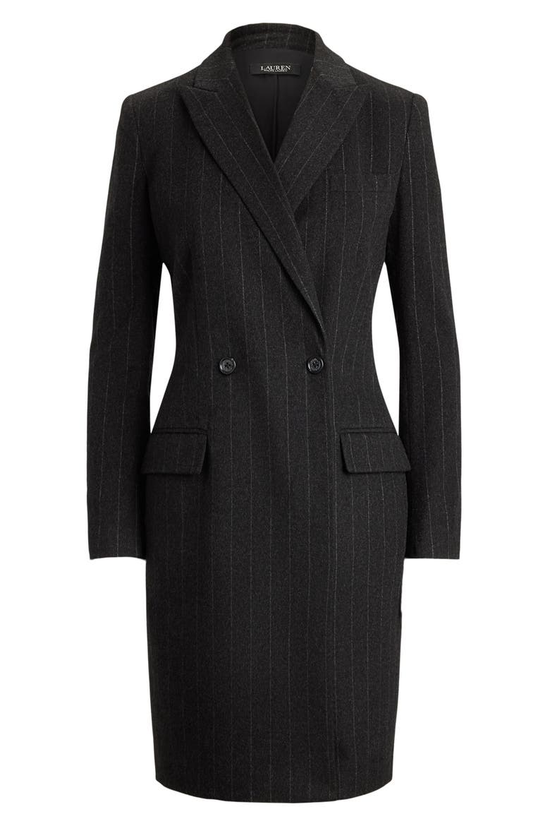 Pinstripe Double Breasted Wool Blend Dress, Alternate, color, GREY/ CREAM