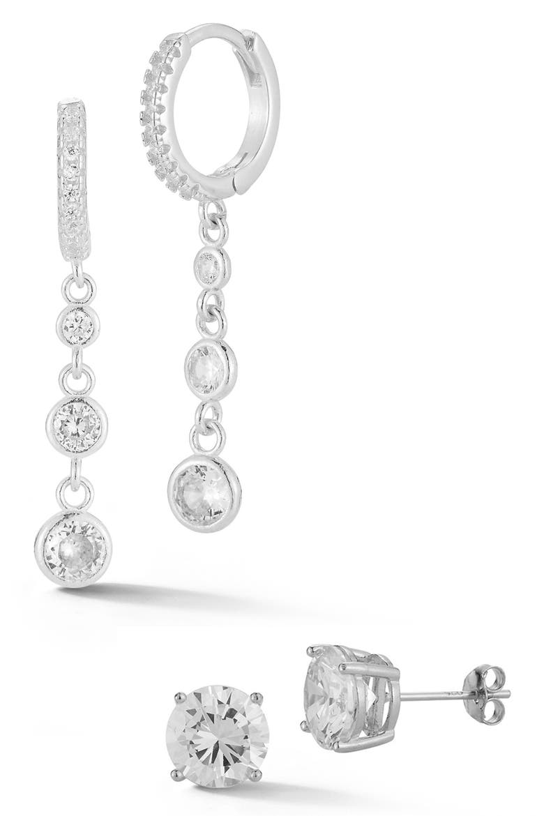 CZ Huggie Chain Drop & Stud Earrings Set, Main, color, SILVER