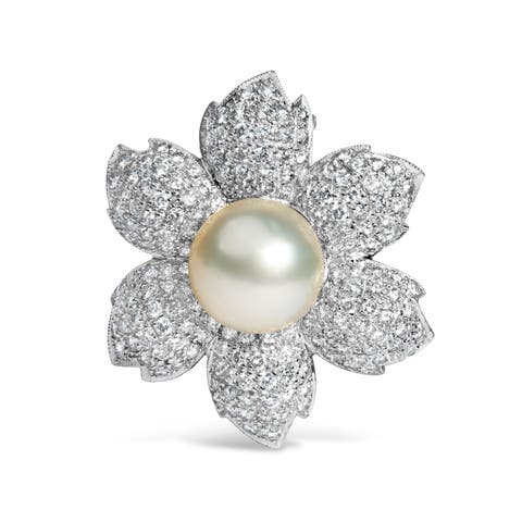 18K Gold 2 3/4 Cttw Diamond and Pearl Floral Brooch Pin