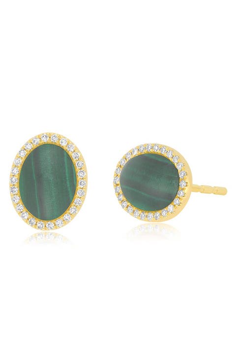 Malachite Cabochon & Diamond Halo Stud Earrings