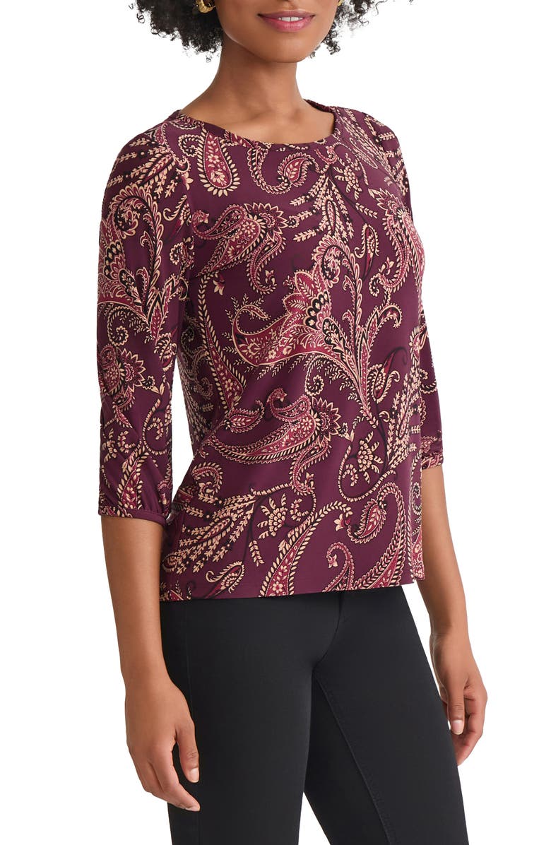 Jones New York Paisley Print Three Quarter Sleeve Top, Alternate, color, Wine Plum Multi