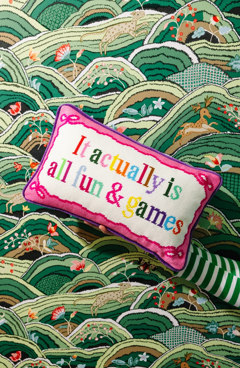 Furbish Fun And Games Needlepoint Pillow, Alternate, color, Purple, Pink, White