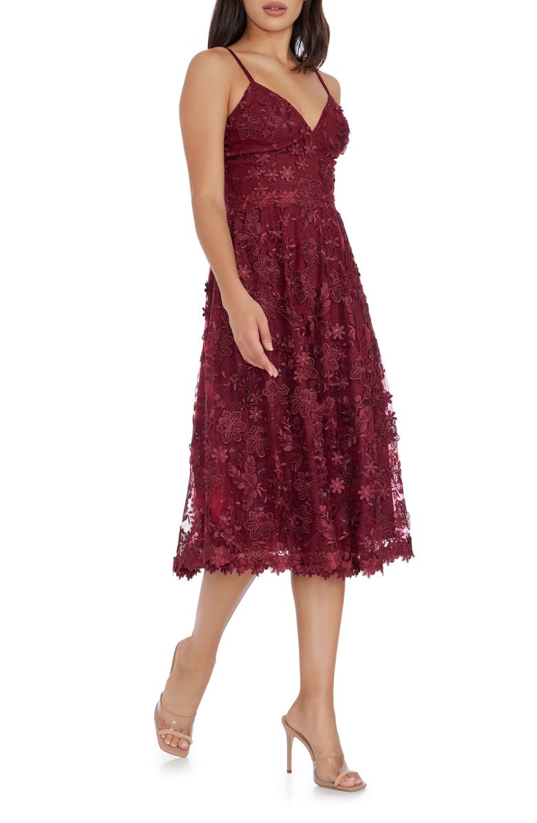 Dress the Population Tahani Floral Embroidered Fit & Flare Midi Dress, Alternate, color, Burgundy